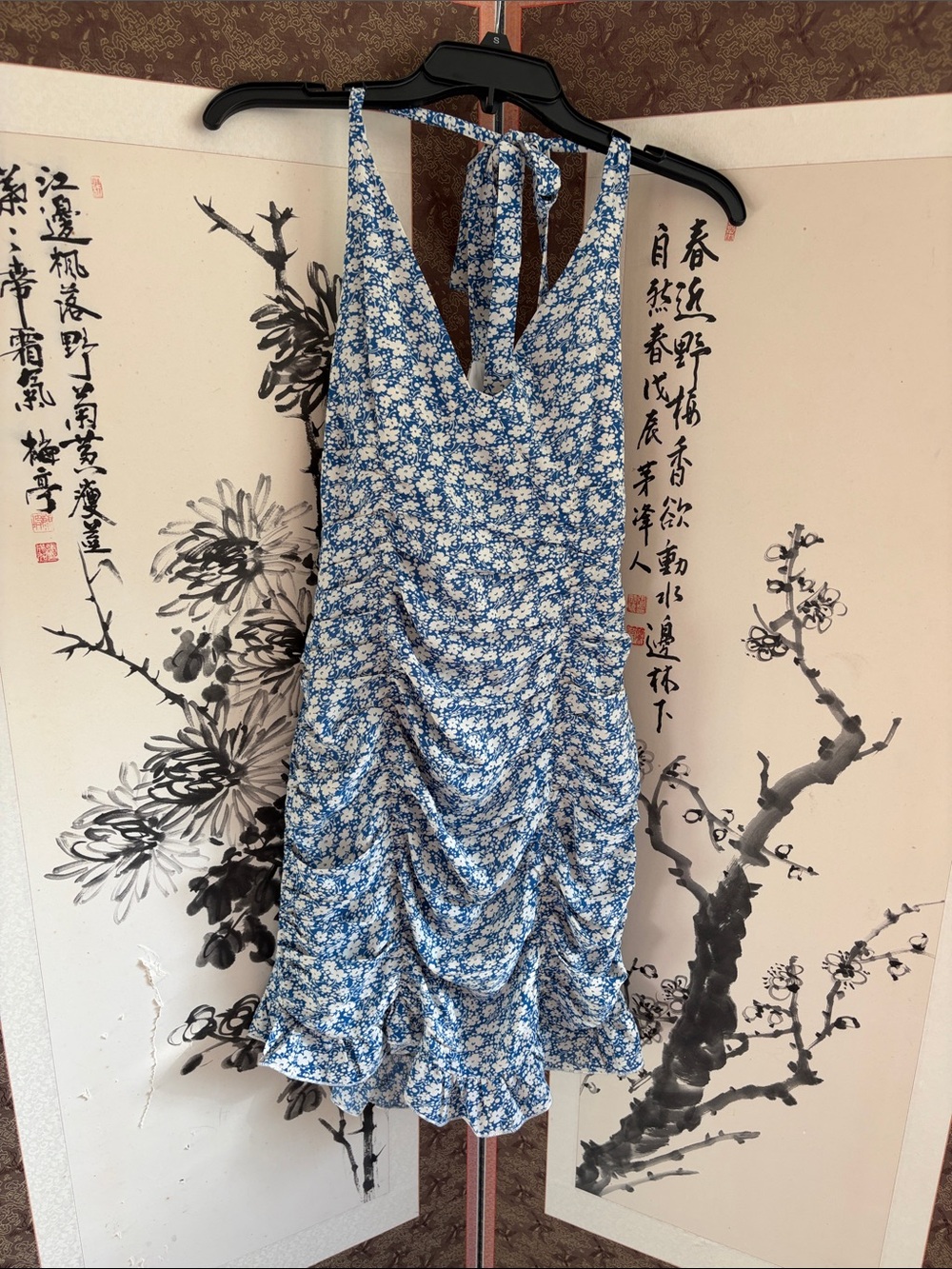 SHEIN Blue White Floral Tie-Back Mini Dress